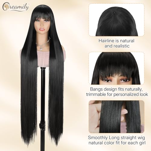 Creamily 40" Long Black Straight Full Head Wigs with Bang for Women | Heat-Resistant Synthetic Hair Wigs for Women with Natural Shine | Extra-Length Hair Wig for Women Ideal for Indian Festivals/Weddings/Daily Use (Black, 40 inch) - Image 4