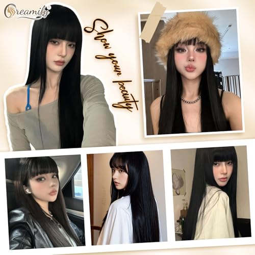 Creamily 40" Long Black Straight Full Head Wigs with Bang for Women | Heat-Resistant Synthetic Hair Wigs for Women with Natural Shine | Extra-Length Hair Wig for Women Ideal for Indian Festivals/Weddings/Daily Use (Black, 40 inch) - Image 5