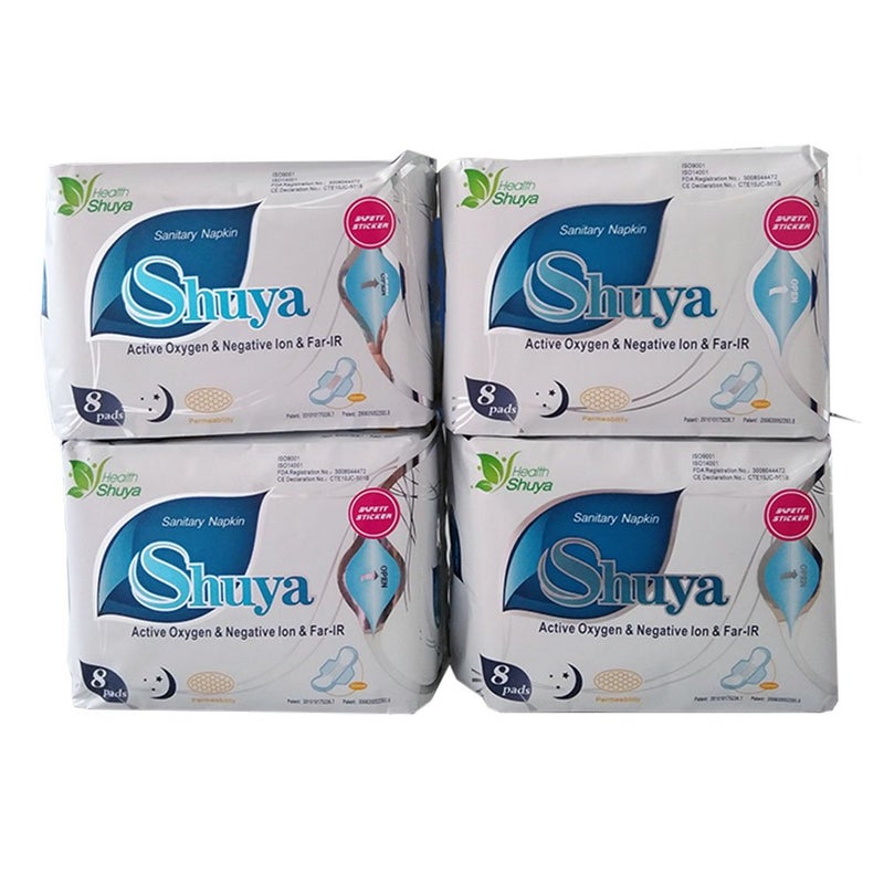 SHUYA Anion Overnight Maxi Sanitary Pads with Wings for Heavy Flow Herbal Scented Size 285mm 32Count Pack of 4