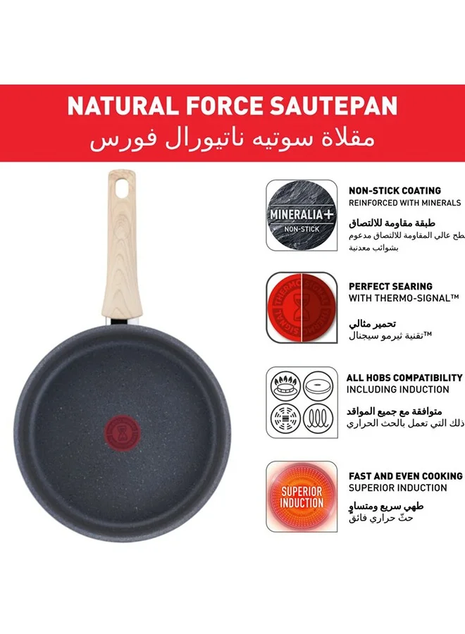 Tefal Natural Force Sauté Pan 24 cm Easy Cleaning Mineralia+ NonStick Coating Natural Minerals ThermoSignal Heat indicator Healthy Cooking Safe Cookware Made in France Induction Pan Glass Lid G2663232