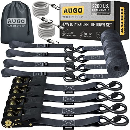 AUGO Ratchet Straps Heavy Duty 4 Pack -15 FT - 2200 LB Break Strength – with Safety Lock S Hooks - Cargo Straps for Moving, Appliances, Motorcycle – Soft Loop Tie Downs - Image 1