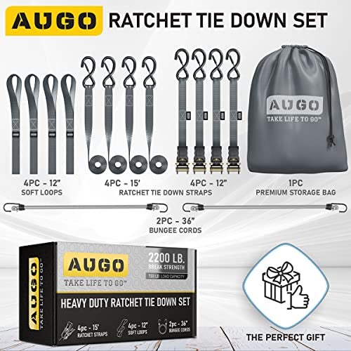 AUGO Ratchet Straps Heavy Duty 4 Pack -15 FT - 2200 LB Break Strength – with Safety Lock S Hooks - Cargo Straps for Moving, Appliances, Motorcycle – Soft Loop Tie Downs - Image 5