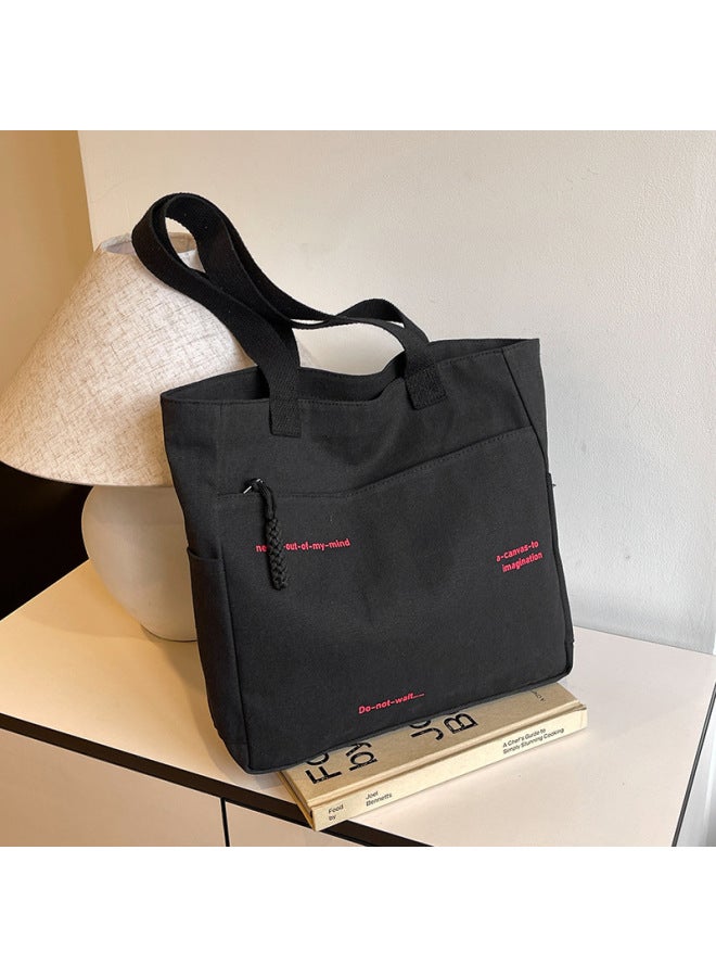 2024 Commuter Large Capacity Canvas Shoulder Bag Women's Korean-style All-match Portable Tote Bag Foreign Trade-Color:Black - Image 1