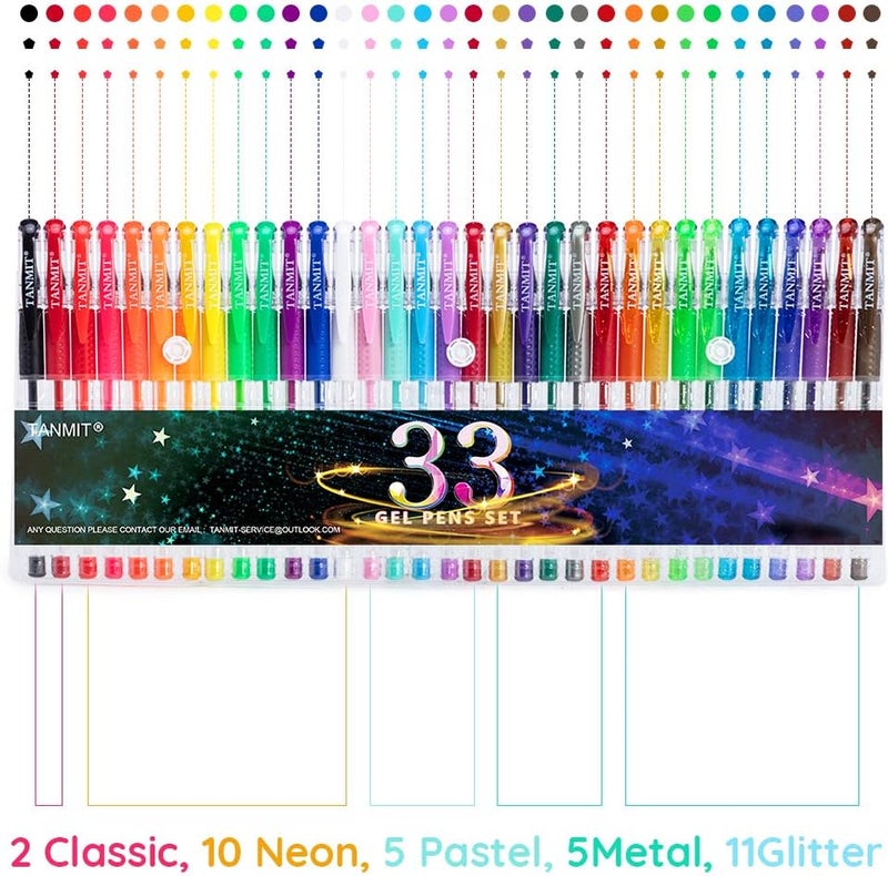 TANMIT Gel Pens, 33 Color Gel Pen Fine Point Colored Pen Set with 40% More Ink for Adult Coloring Books, Drawing, Doodling, Scrapbooks Journaling - Image 2
