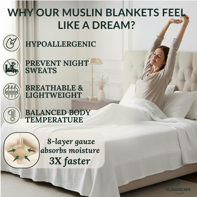 CloudScape Linen CLOUDSCAPE 8 Layer Muslin Blanket Queen Size for Adults - 100% Cotton Gauze Summer Blanket, 92"x92" Fits Upto Full Size Bed - Heavyweight Muslin, Breathable Soft, All Season Spring - White - Image 4