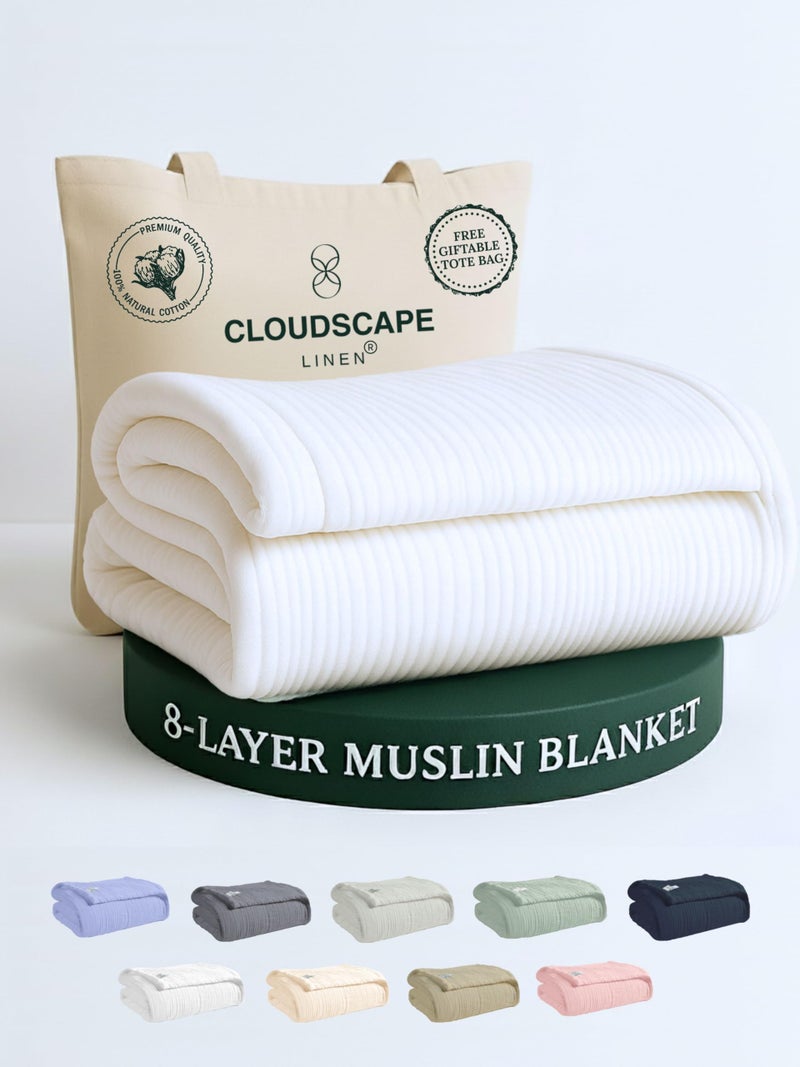 CloudScape Linen CLOUDSCAPE 8 Layer Muslin Blanket Queen Size for Adults - 100% Cotton Gauze Summer Blanket, 92"x92" Fits Upto Full Size Bed - Heavyweight Muslin, Breathable Soft, All Season Spring - White - Image 1