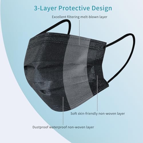 akgk 100Pcs Disposable Face Masks, Black Face Mask, 3 Ply Disposable Mask - Image 2