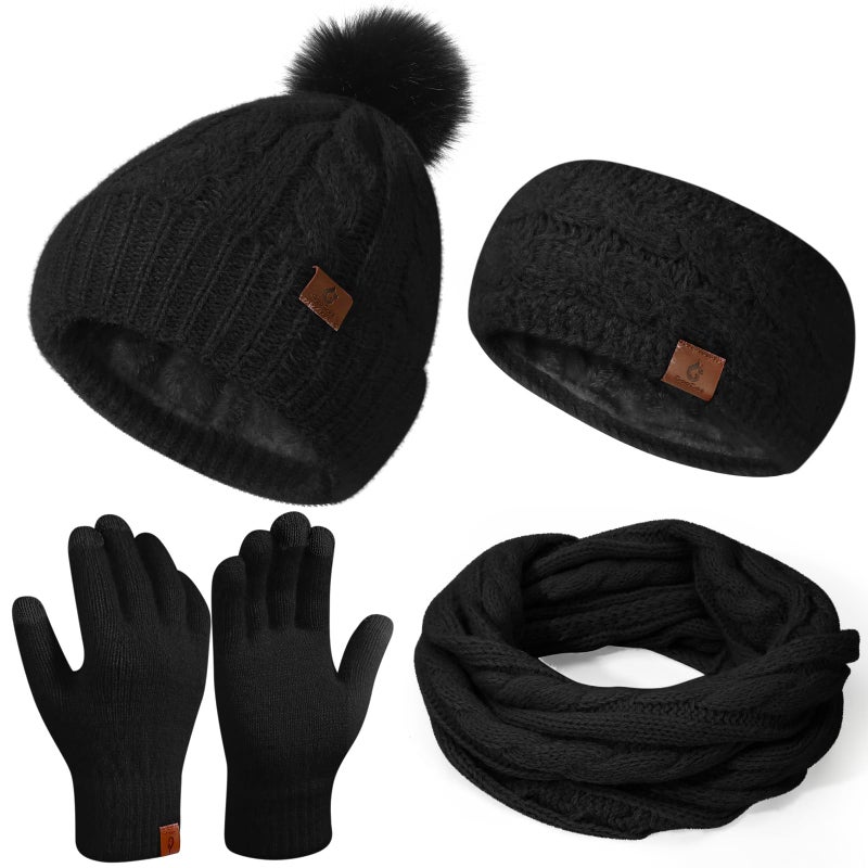 Goocoz Womens Beanie Hat Infinity Scarf Touchscreen Gloves Fleece Headband 4 in 1 Winter Clothes Set Gifts for Women Black - Image 1
