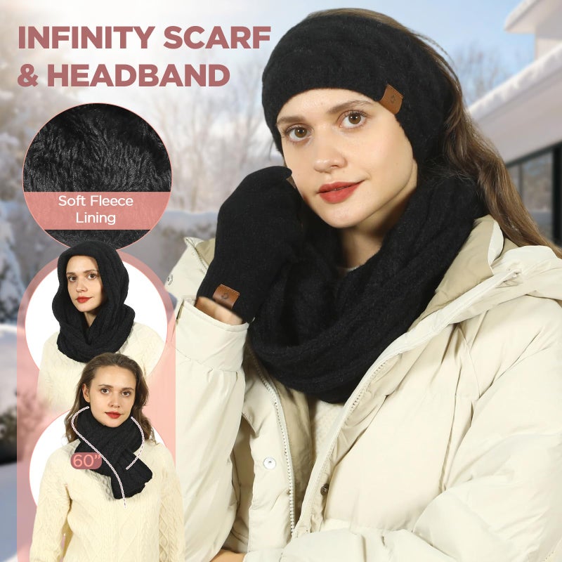 Goocoz Womens Beanie Hat Infinity Scarf Touchscreen Gloves Fleece Headband 4 in 1 Winter Clothes Set Gifts for Women Black - Image 3