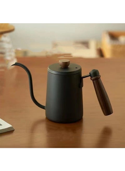 Wooden handle hand brewing kettle 304 stainless steel hanging ear coffee pot slim mouth long mouth kettle(Black)