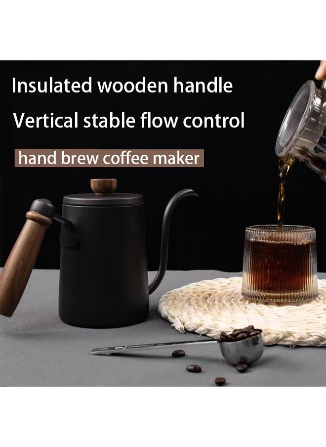 Wooden handle hand brewing kettle 304 stainless steel hanging ear coffee pot slim mouth long mouth kettle(Black)
