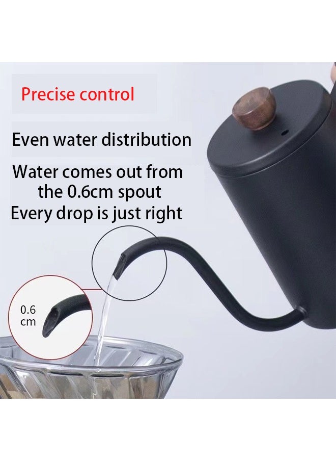 Wooden handle hand brewing kettle 304 stainless steel hanging ear coffee pot slim mouth long mouth kettle(Black)