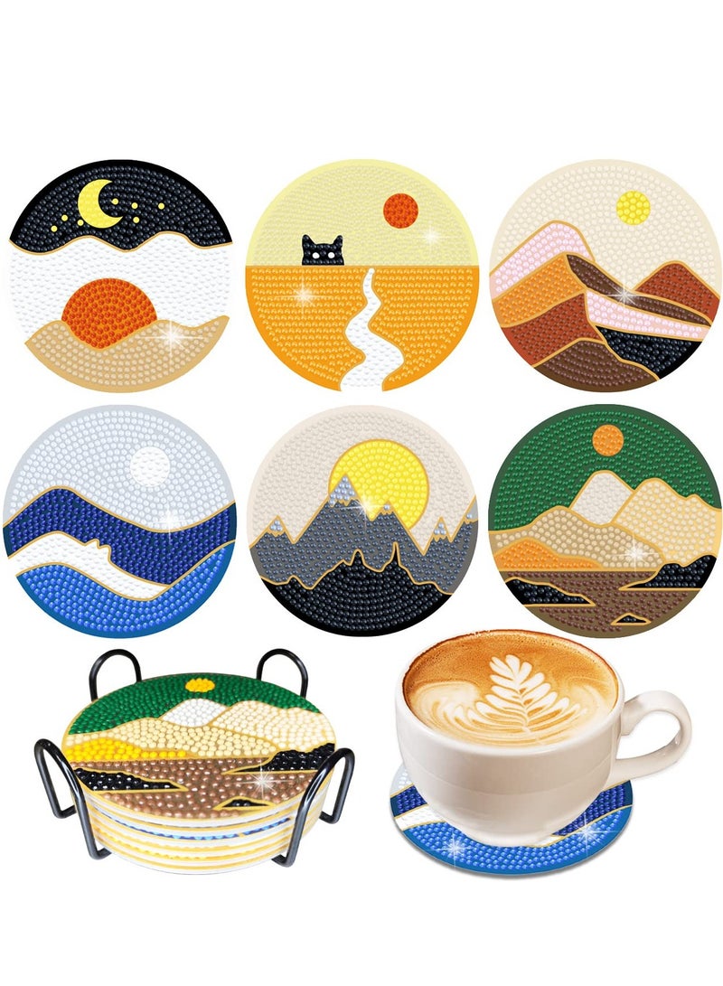 Diamond Painting Coasters with Holder, 6 Pcs Abstract Landscape Coasters Diamond Painting Kits for Beginners, Diamond Art Kits for Adults Kids Art Craft  - Image 1