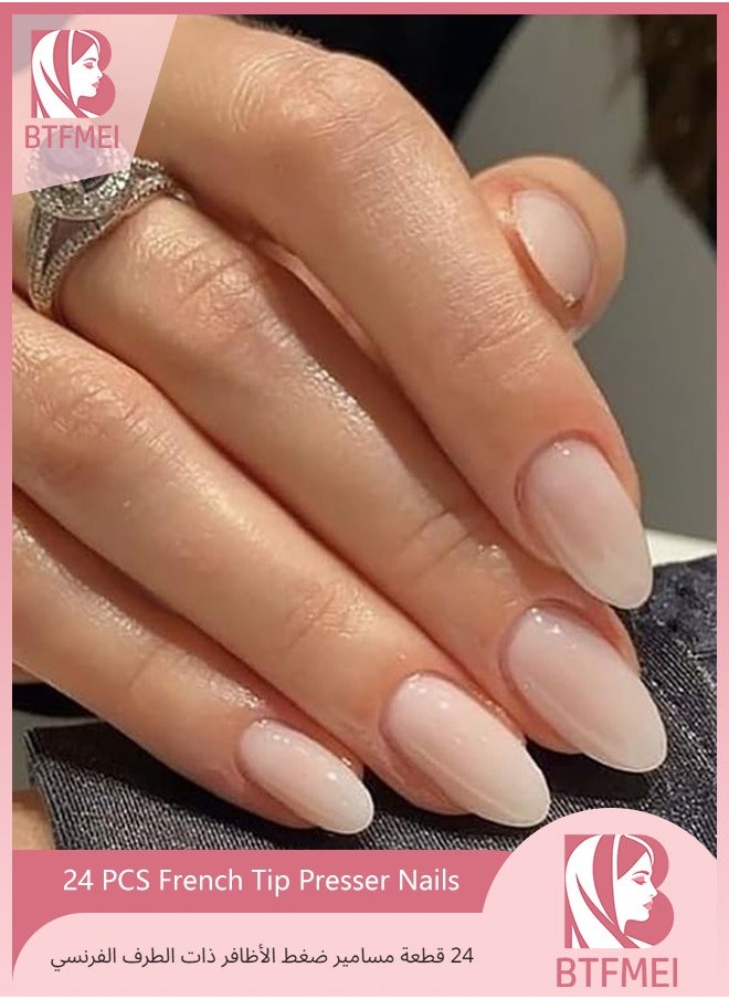 BTFMEI 24-Piece Almond Medium French Tip Presser Nails, Almond White Gradient Artificial Nails with Jelly Gel Adhesive for Women  - Image 1