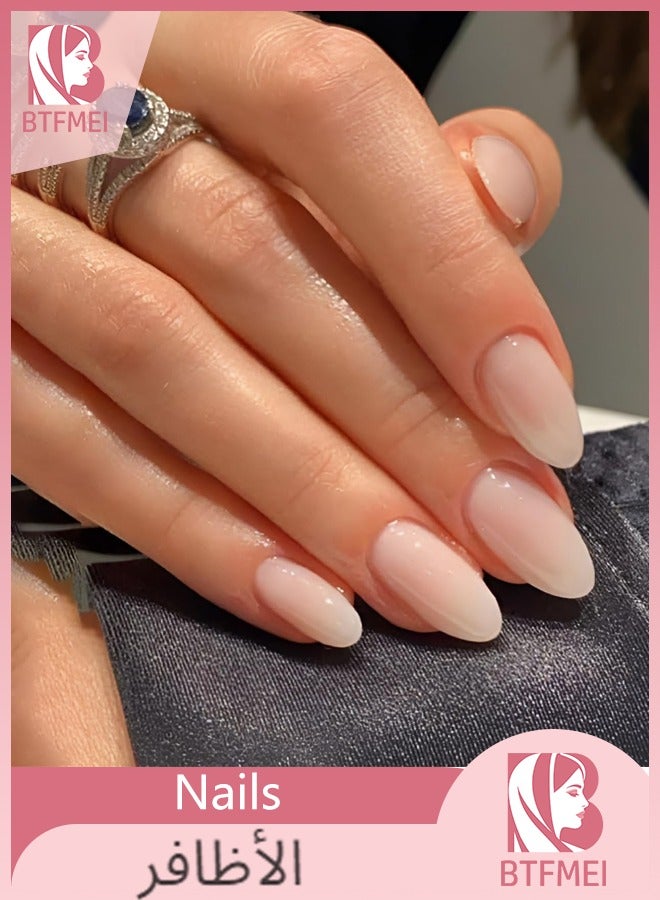 BTFMEI 24-Piece Almond Medium French Tip Presser Nails, Almond White Gradient Artificial Nails with Jelly Gel Adhesive for Women - Image 1