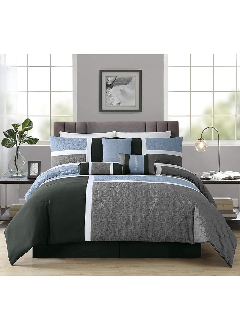 Chezmoi Collection Chezmoi Collection Upland 7Piece Quilted Patchwork Comforter Set GrayLight BlueCharcoal King 