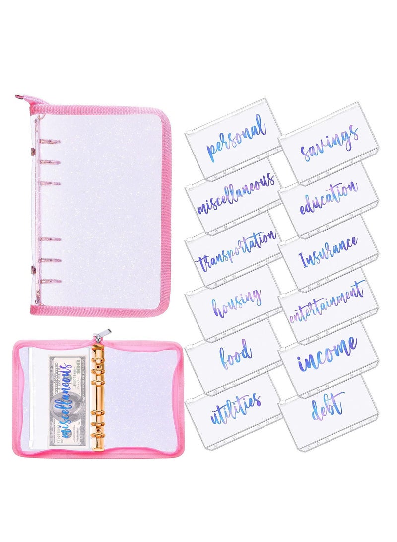 Y&D A6 Size 13 PCS Rainbow Soft PVC Notebook Cover Binder Budget Envelopes System Planner Organizer 6-Ring with Zipper Pockets Folder (Glitter Pink)  - Image 1