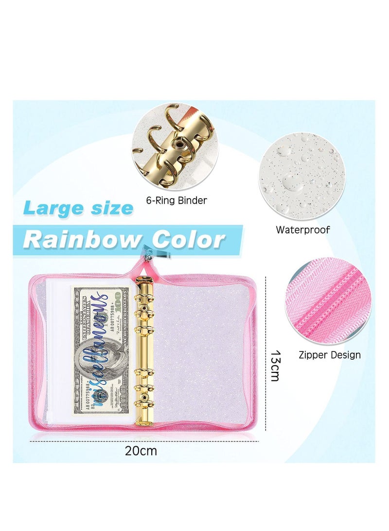 Y&D A6 Size 13 PCS Rainbow Soft PVC Notebook Cover Binder Budget Envelopes System Planner Organizer 6-Ring with Zipper Pockets Folder (Glitter Pink)  - Image 2