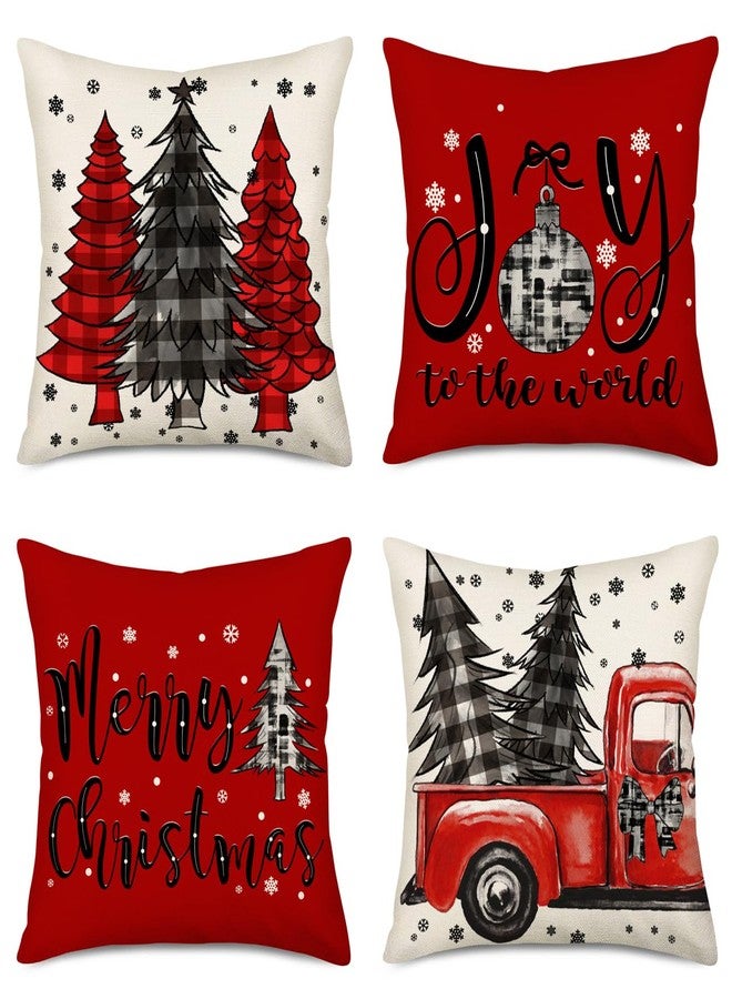 Fukeen Merry Christmas Pillow Covers 24x24 Inch Set of 4 Red Black Buffalo Plaid Farmhouse Truck Christmas Tree Decorations Throw Pillows Snowflake Joy to The World Winter Cushion Covers Couch - Image 1