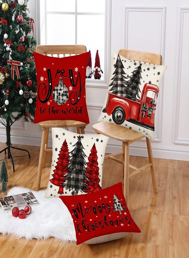 Fukeen Merry Christmas Pillow Covers 24x24 Inch Set of 4 Red Black Buffalo Plaid Farmhouse Truck Christmas Tree Decorations Throw Pillows Snowflake Joy to The World Winter Cushion Covers Couch - Image 3