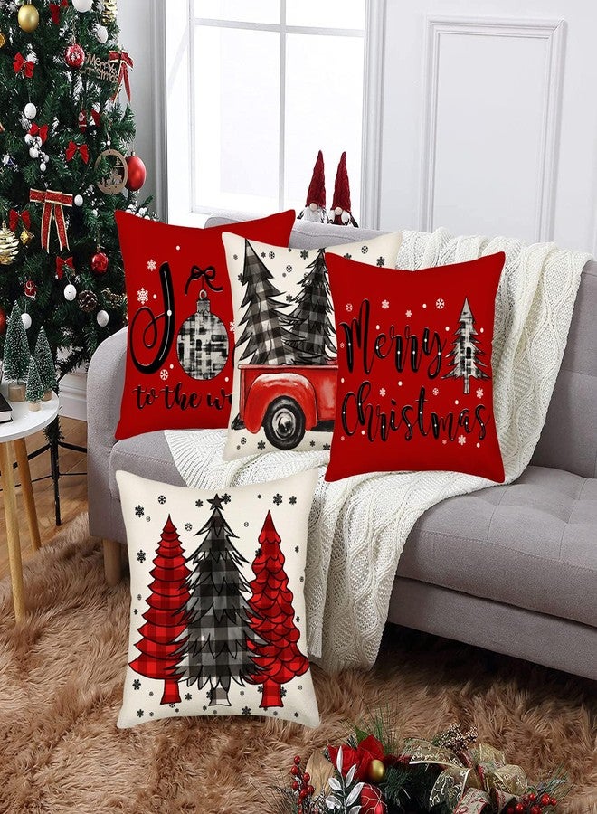 Fukeen Merry Christmas Pillow Covers 24x24 Inch Set of 4 Red Black Buffalo Plaid Farmhouse Truck Christmas Tree Decorations Throw Pillows Snowflake Joy to The World Winter Cushion Covers Couch - Image 4