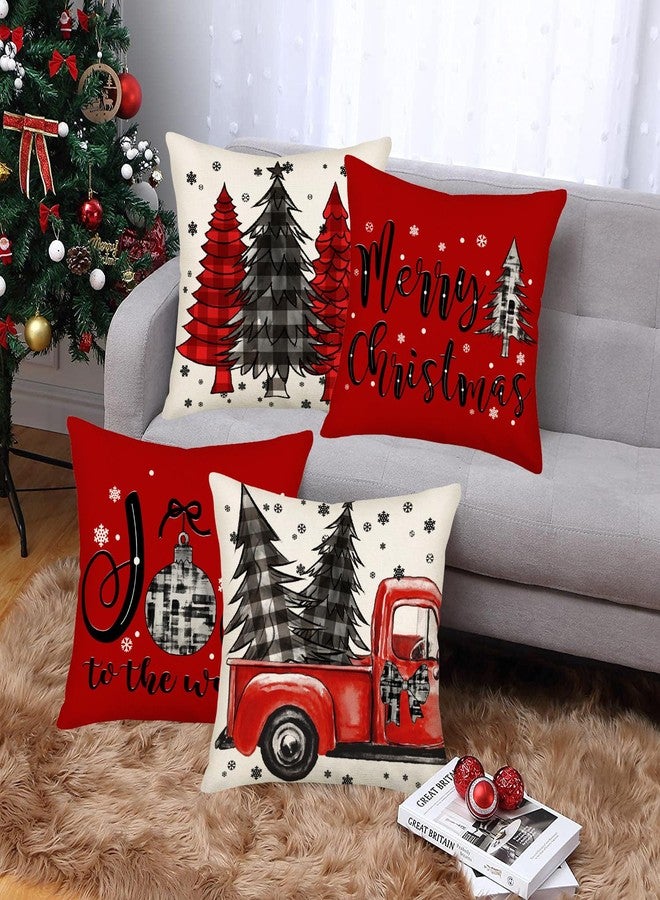 Fukeen Merry Christmas Pillow Covers 24x24 Inch Set of 4 Red Black Buffalo Plaid Farmhouse Truck Christmas Tree Decorations Throw Pillows Snowflake Joy to The World Winter Cushion Covers Couch - Image 2