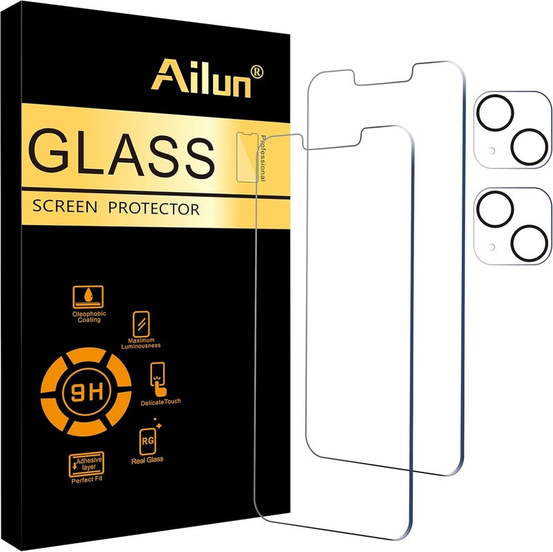 Ailun 2 Pack Screen Protector for iPhone 13 [6.1 inch Display] with 2 Pack Tempered Glass Camera Lens Protector,[9H Hardness]-HD - Image 1
