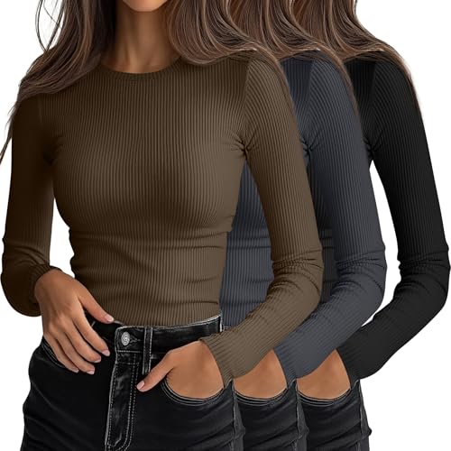 Ficerd 3 Pack Womens Ribbed Long Sleeve Tops Crew Neck Slim Fit Knit Undershirts Basic Casual Stretch Layering Tee ShirtsBlack Dark Gray CoffeeSmall - Image 1