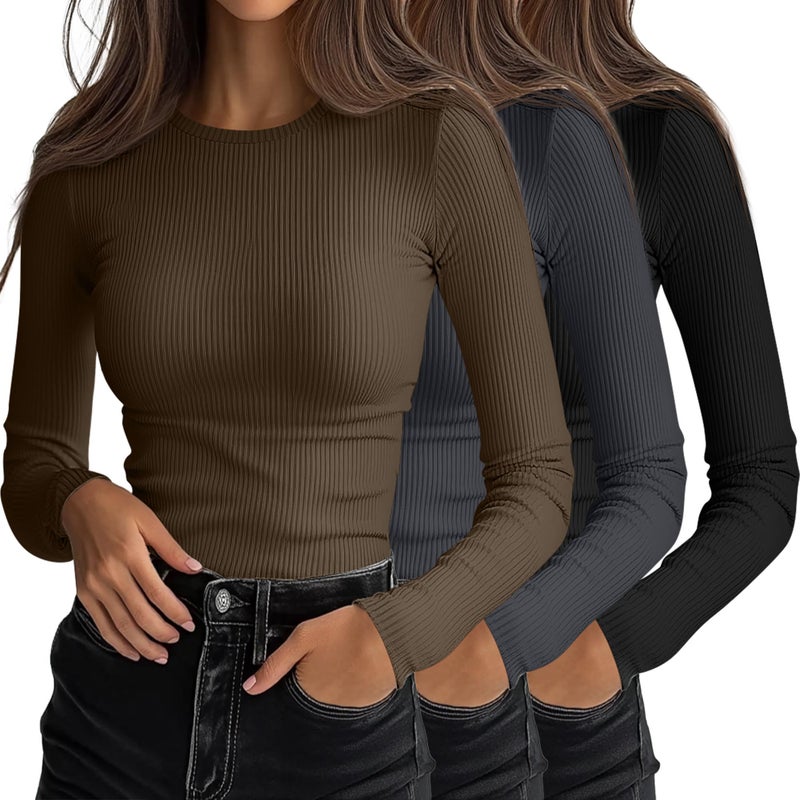 Ficerd 3 Pack Womens Ribbed Long Sleeve Tops Crew Neck Slim Fit Knit Undershirts Basic Casual Stretch Layering Tee ShirtsBlack Dark Gray CoffeeSmall - Image 2