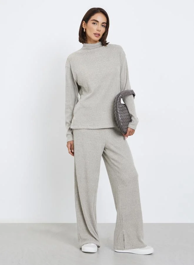 Styli Styli Beige Ribbed Dropped Shoulder Knit Top with Slit