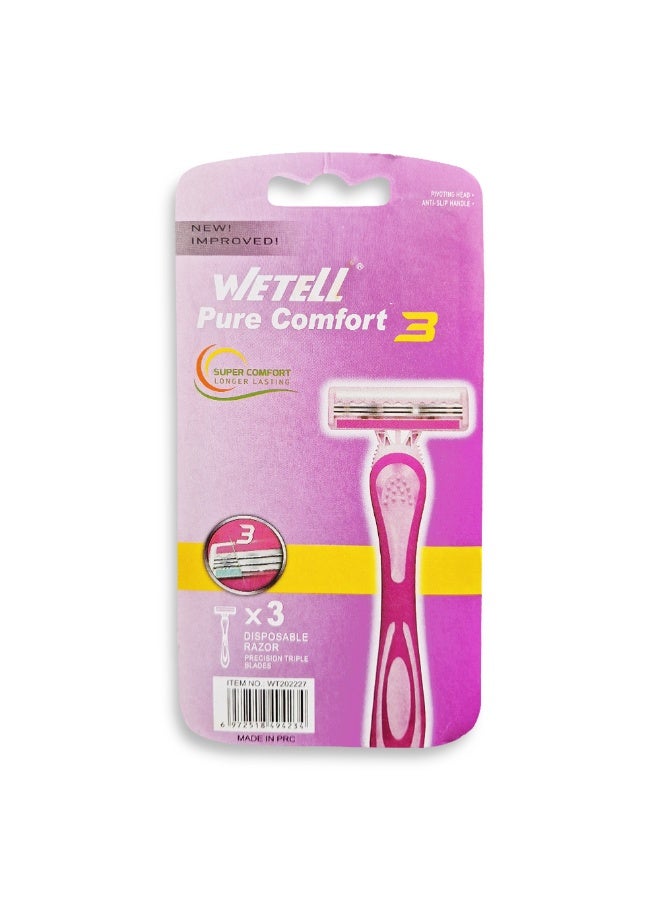 PURE 3 Women's Razor for Perfect Smoothness - 3 precision blades for longer-lasting results, a moisturizing strip enriched with aloe vera and vitamin E for a smooth shave without irritation, and an ergonomic design that moves smoothly with the curves of the body for a comfortable, closer, and smoother shave every time