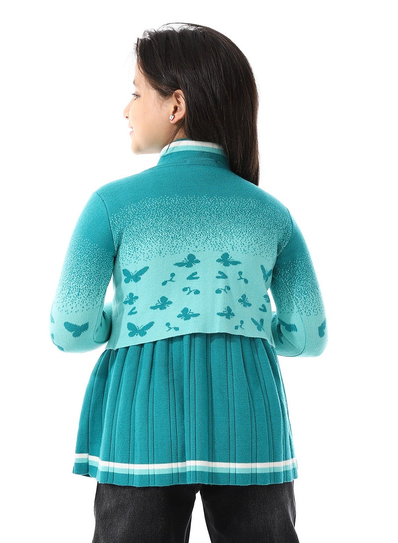 Andora Acrylic Girls Dress With Self Pattern Jacket _ Turquoise - Image 3