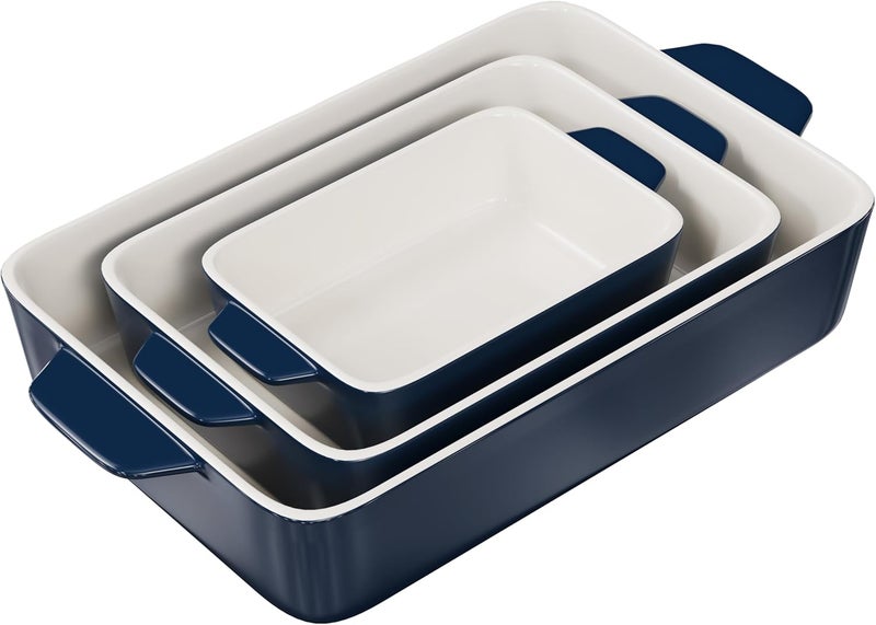 Kook Casserole Dish, Ceramic Baking Dish, Large Lasagna Pan Deep for Oven, 8.5 x 14, 11 x 7, 8 x 5, Set of 3, 92oz, 50oz, 20oz, Baking Pan with Handles, Oven Safe and Durable, Home, Gift, (Navy) - Image 2