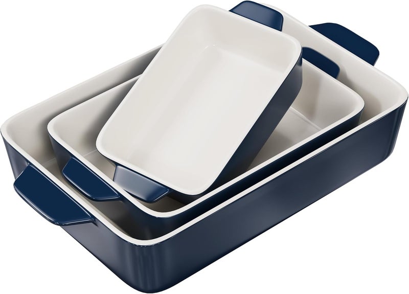 Kook Casserole Dish, Ceramic Baking Dish, Large Lasagna Pan Deep for Oven, 8.5 x 14, 11 x 7, 8 x 5, Set of 3, 92oz, 50oz, 20oz, Baking Pan with Handles, Oven Safe and Durable, Home, Gift, (Navy) - Image 1