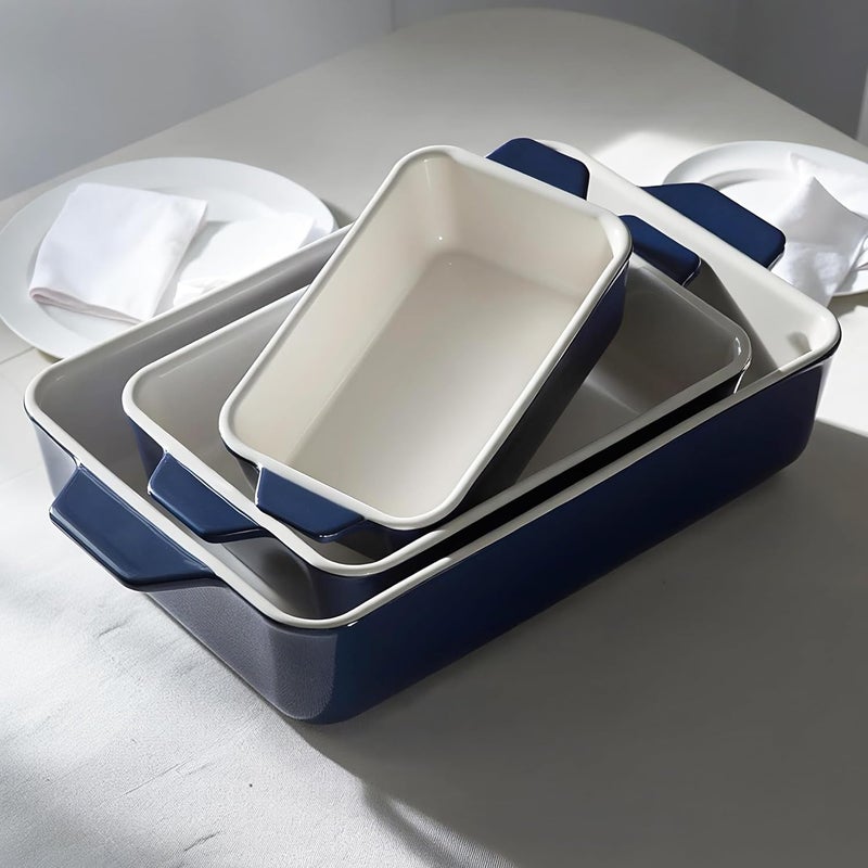 Kook Casserole Dish, Ceramic Baking Dish, Large Lasagna Pan Deep for Oven, 8.5 x 14, 11 x 7, 8 x 5, Set of 3, 92oz, 50oz, 20oz, Baking Pan with Handles, Oven Safe and Durable, Home, Gift, (Navy) - Image 3