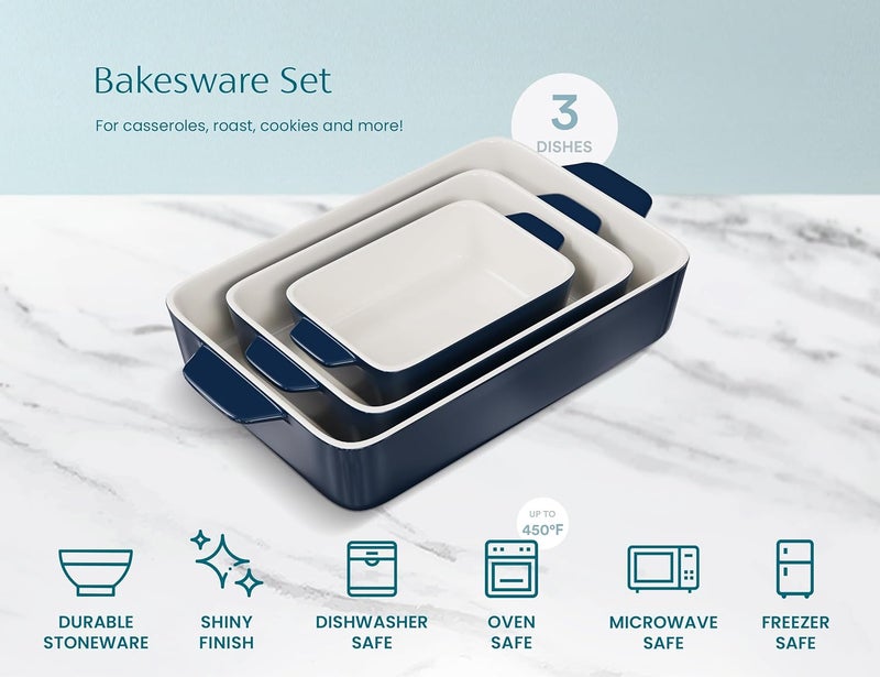 Kook Casserole Dish, Ceramic Baking Dish, Large Lasagna Pan Deep for Oven, 8.5 x 14, 11 x 7, 8 x 5, Set of 3, 92oz, 50oz, 20oz, Baking Pan with Handles, Oven Safe and Durable, Home, Gift, (Navy) - Image 5