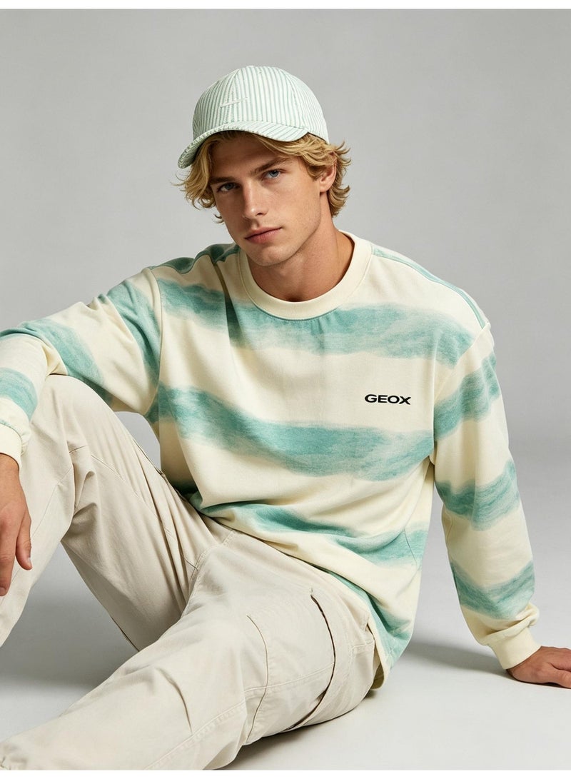 GEOX Unisex Crew Neck Long Sleeve Sweatshirt Casual Striped Daily Wear Top Cream‑Mint Green - Image 1
