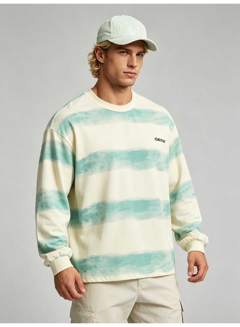 GEOX Unisex Crew Neck Long Sleeve Sweatshirt Casual Striped Daily Wear Top Cream‑Mint Green - Image 4