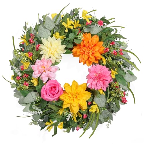 Vsonker Summer Wreaths for Front Door 24 Inch, Artificial Spring Wreath with Dahlia and Peony for All Season Home Decor Easter Indoor Outdoor Wall Home Festival Celebrations - Image 1