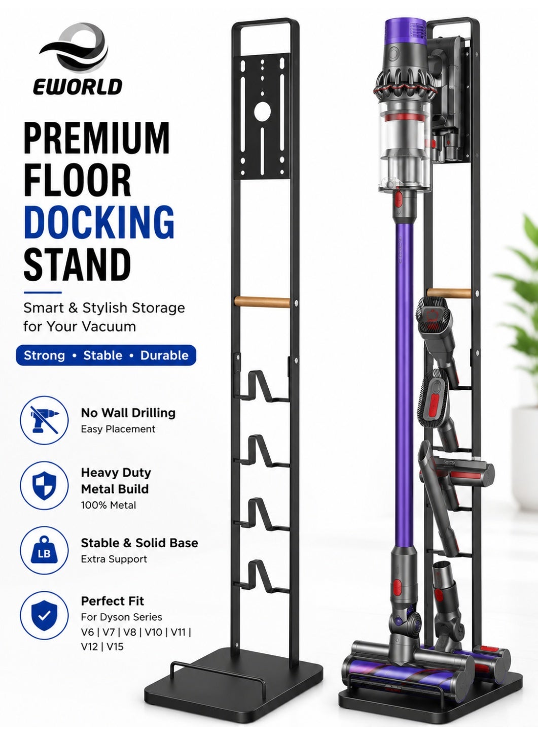 Premium Floor Docking Dyson Stand for Cordless Vacuum Cleaners with Wheels, Compatible with Dyson V15 V11 V10 V8 V7 V6 Dreame T30 T20 V12 V11 V10, No Wall Drilling, Durable Metal Holder in Sleek Black