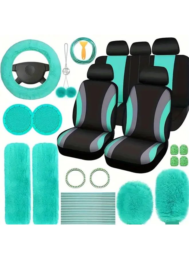 45 Piece Mint Green Car Interior Upgrade Kit Plush Steering Wheel Cover Seat Belt And Door Handle Protectors Stylish Combo - Image 3