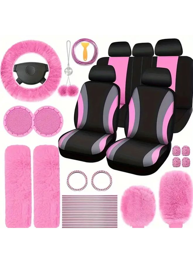 45 Piece Mint Green Car Interior Upgrade Kit Plush Steering Wheel Cover Seat Belt And Door Handle Protectors Stylish Combo - Image 1