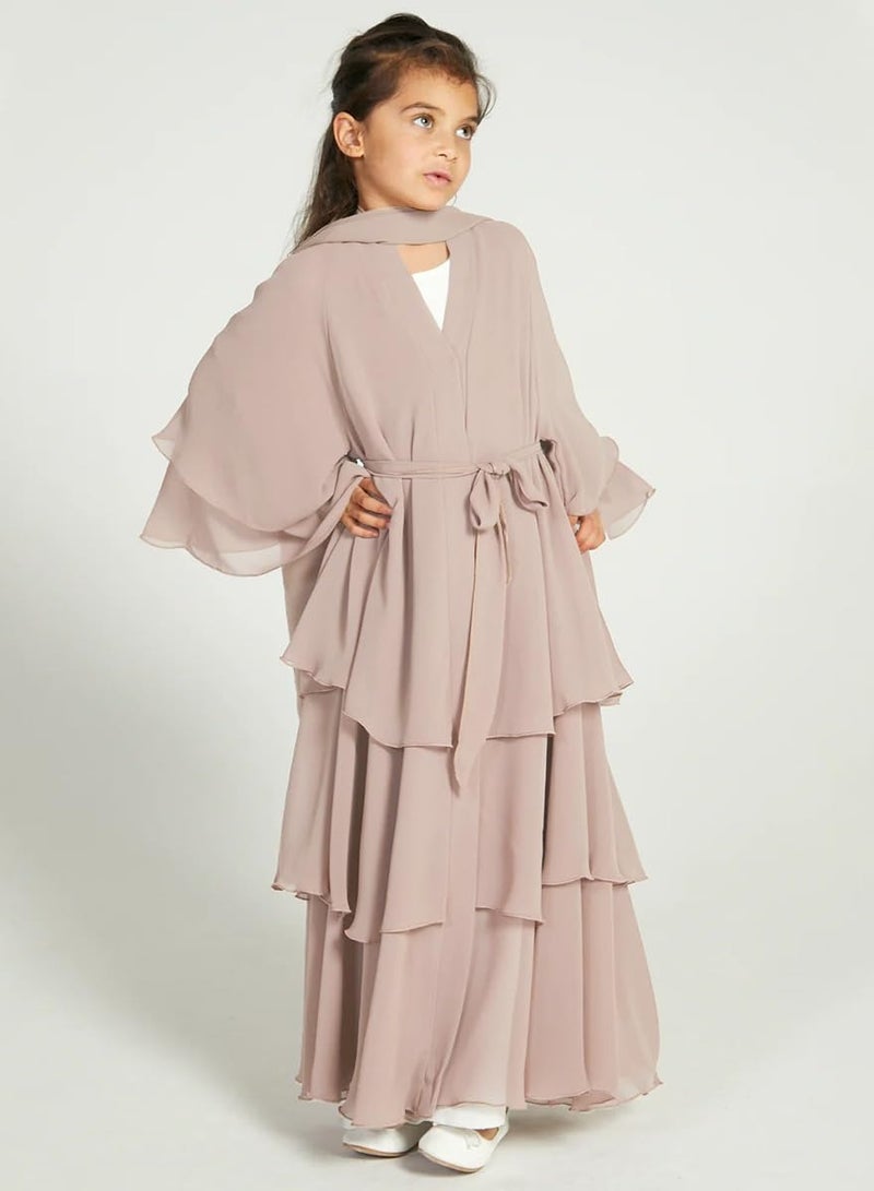 Muslim Abayas Dress for Kids Girls, Long Sleeve Chiffon Islamic Kaftan Robe Open Front Cardigan Prayer Dress for 11-12Y Girls Light Khaki - Image 2