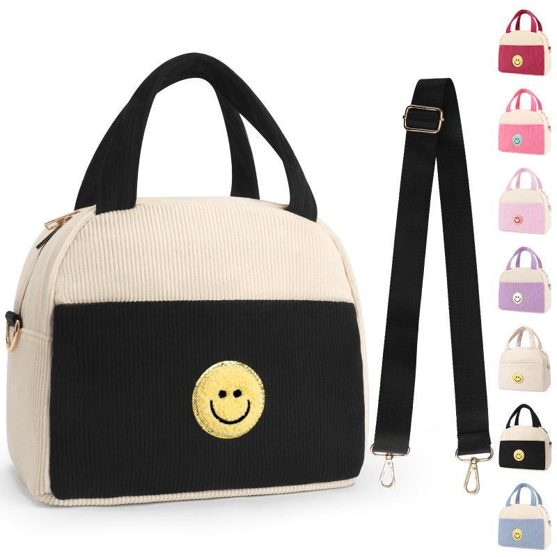 Kids Lunch Bag Lunch Box for Teen Girls Boys Back to School Cute Preppy Lunchbox With Adjustable Shoulder Strap Insulated Corduroy LunchBoxes LunchBags for Women Work Picnic Black