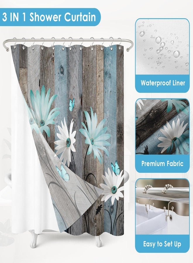 Nesphy Shower Curtain and Liner Set, Rustic Teal Daisy Flowers Farmhouse Shower Curtain and Liner with Double-Sided Stainless Steel Hooks, 3-in-1 Waterproof Fabric for Bathroom, 72x72 Inch - Image 5