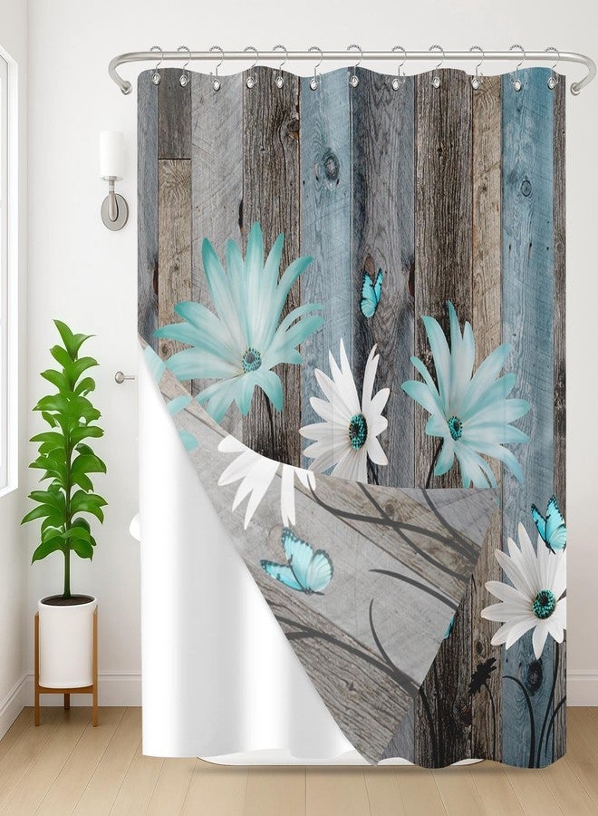 Nesphy Shower Curtain and Liner Set, Rustic Teal Daisy Flowers Farmhouse Shower Curtain and Liner with Double-Sided Stainless Steel Hooks, 3-in-1 Waterproof Fabric for Bathroom, 72x72 Inch - Image 1