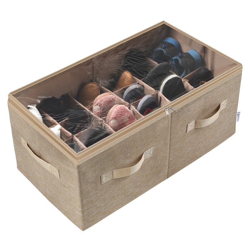 Moteph Shoe Organizer for Closet  Shoe Storage Organizer for Closet Organization with Clear Cover  Adjustable Dividers Shoe Rack  Basket  Light Brown Large  24 Pairs