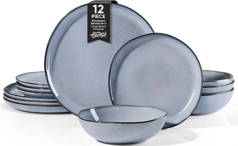 Herogo Plates and Bowls Dinnerware Sets, 12 Piece Stoneware Dinner Dishes Set for 4, Irregular Handmade Dishware Tableware, Crack and Scratch Resistant, Reactive Glaze, Smoky Blue - Image 1