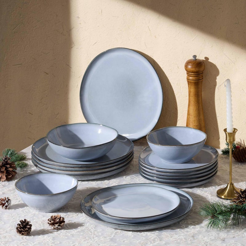 Herogo Plates and Bowls Dinnerware Sets, 12 Piece Stoneware Dinner Dishes Set for 4, Irregular Handmade Dishware Tableware, Crack and Scratch Resistant, Reactive Glaze, Smoky Blue - Image 2