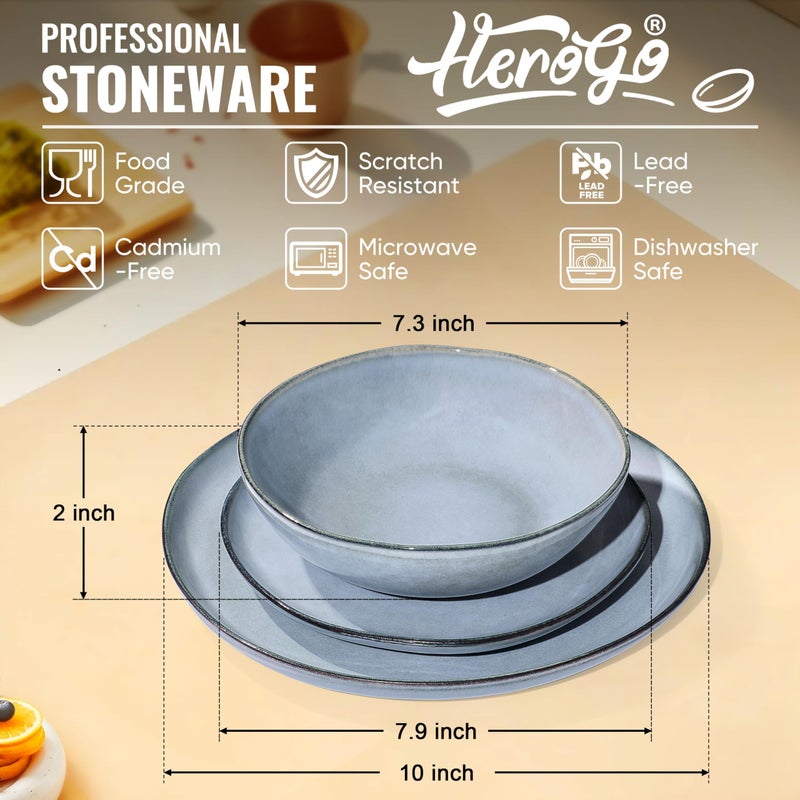 Herogo Plates and Bowls Dinnerware Sets, 12 Piece Stoneware Dinner Dishes Set for 4, Irregular Handmade Dishware Tableware, Crack and Scratch Resistant, Reactive Glaze, Smoky Blue - Image 4